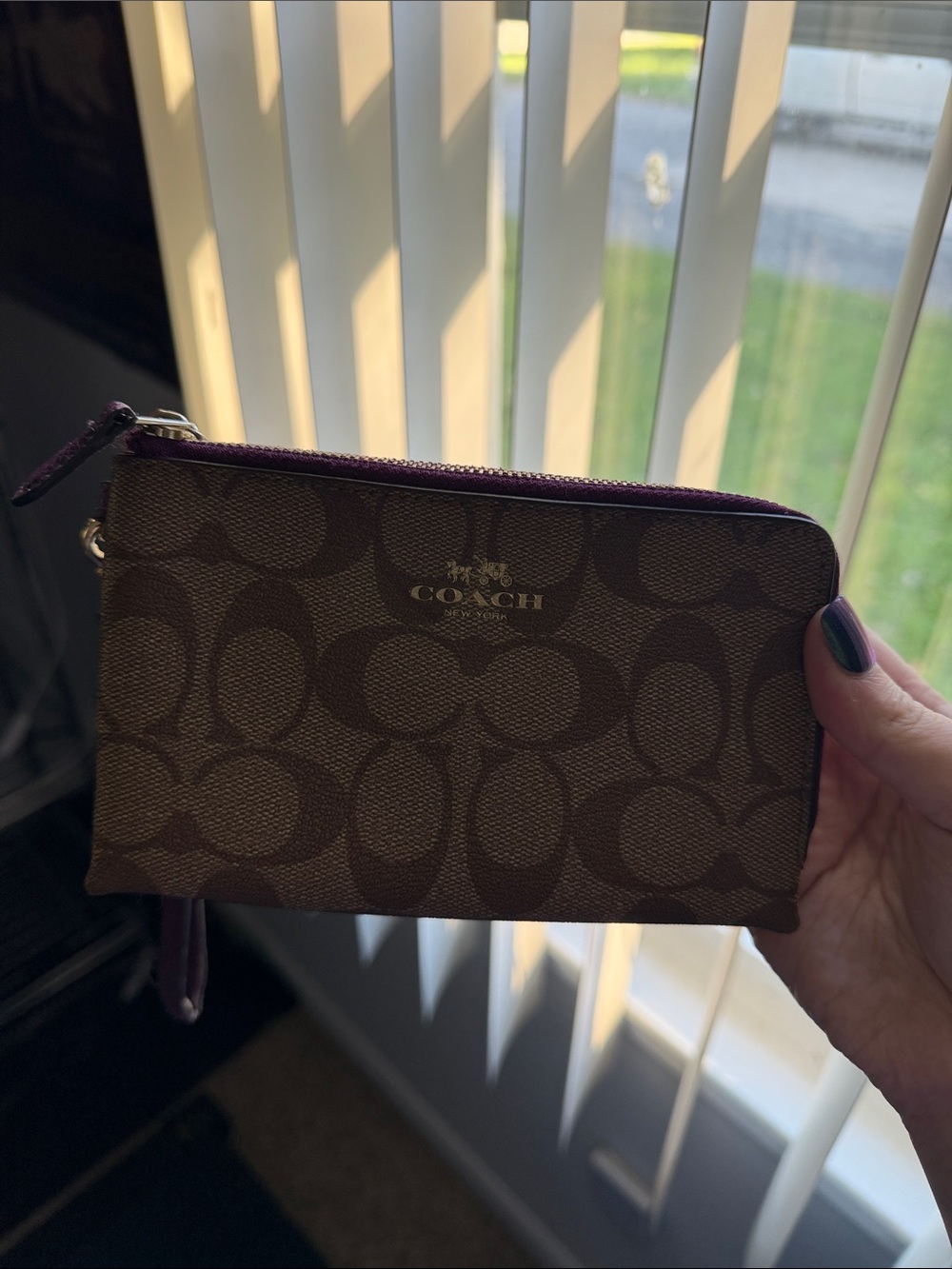 Coach Brown Signature Canvas Wristlet with Plum Trim